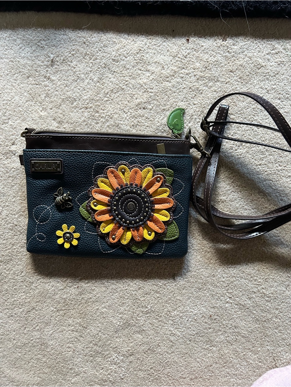 Chala Dark black/briwn Crossbody Bag with Orange, Yellow & Green Floral Applique